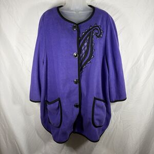 Bob Mackie Wearable Art Women's 1X Purple Embroidered Fleece Jacket Coat